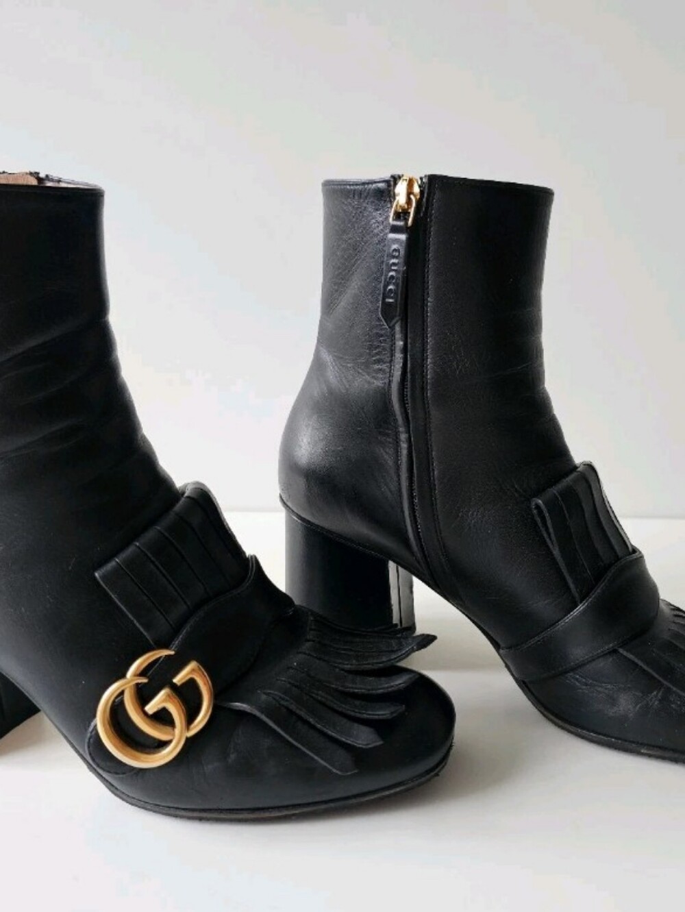 Gucci Marmont Gold GG Logo Black Leather Fringe Ankle Boots EU 38, US 7.5 - Picture 6 of 14